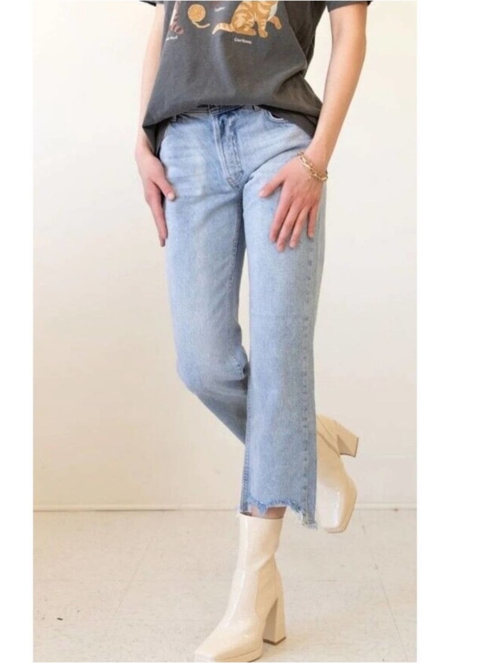 Free People Maggie Mid rise Light Wash Straight Jeans with Distressed raw Hem